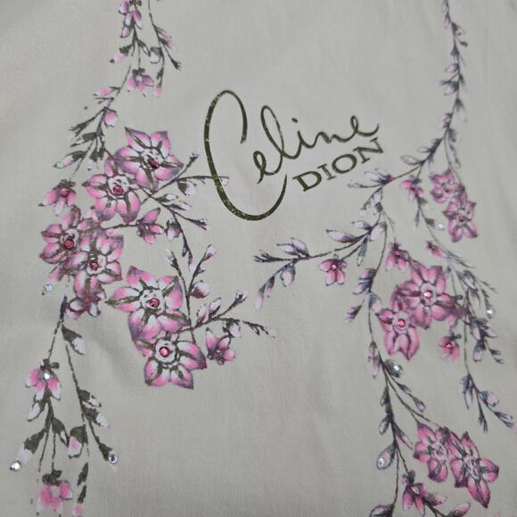 Vintage Y2K Celine Dion T-shirt Womens Size M Floral Rhinestone Cream Pink - Picture 2 of 6